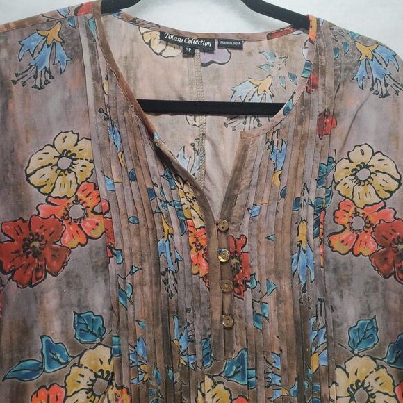 SP Small Petite Tolani Modal Brown Floral Long Tunic Blouse Long Sleeve Henley - Picture 8 of 13